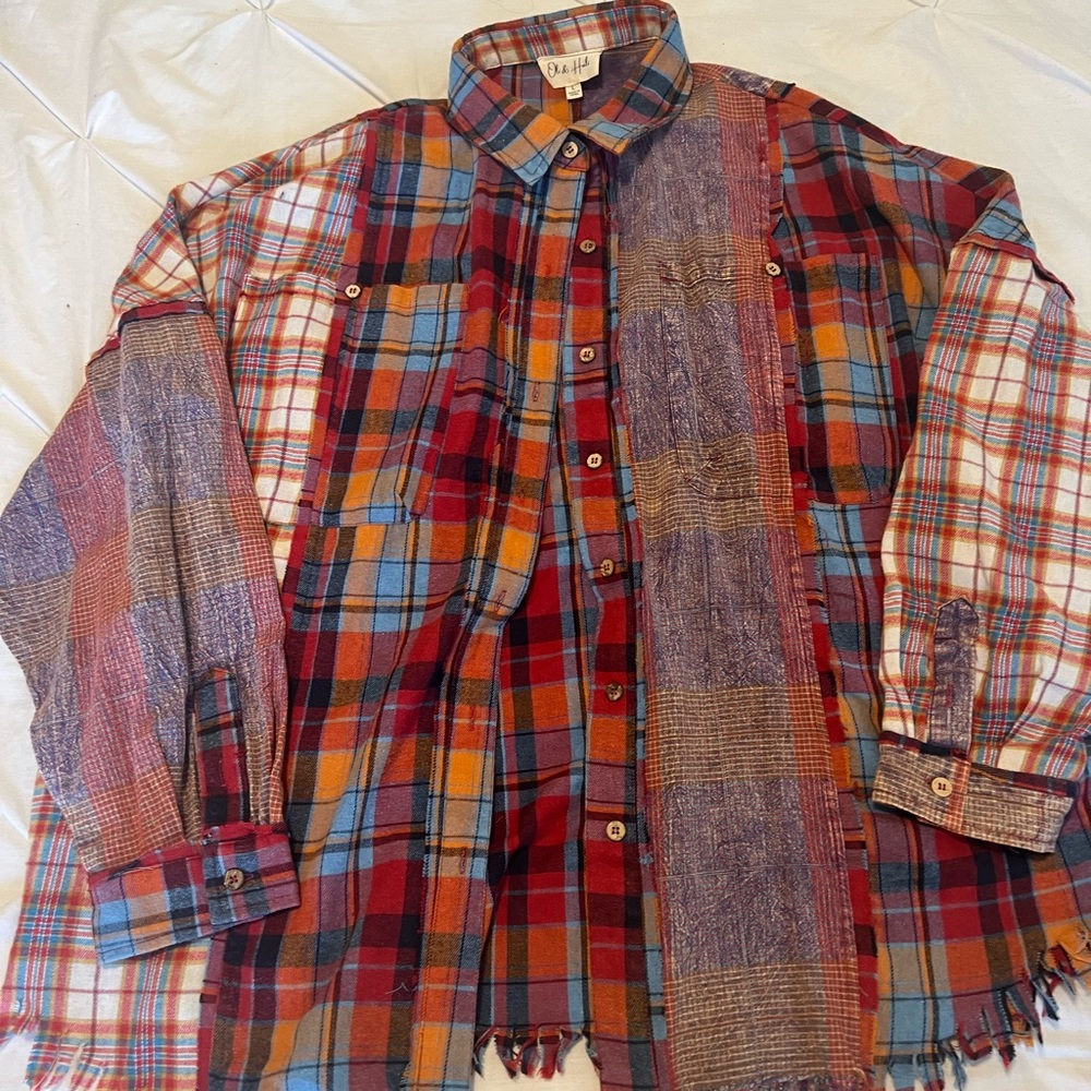Multi plaid shacket with distressed hem